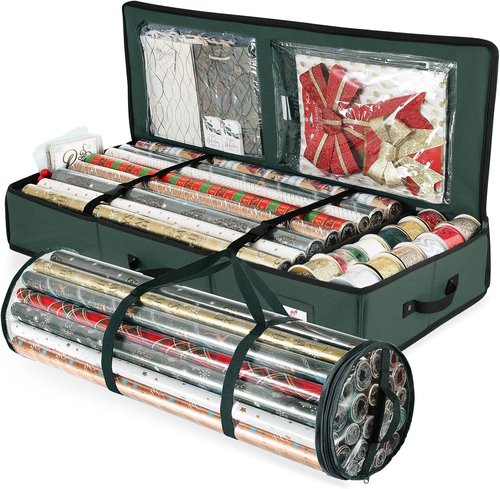 Hearth & Harbor Wrapping Paper Storage Container - Tear-Proof Christmas Bag for 36 Rolls - Green