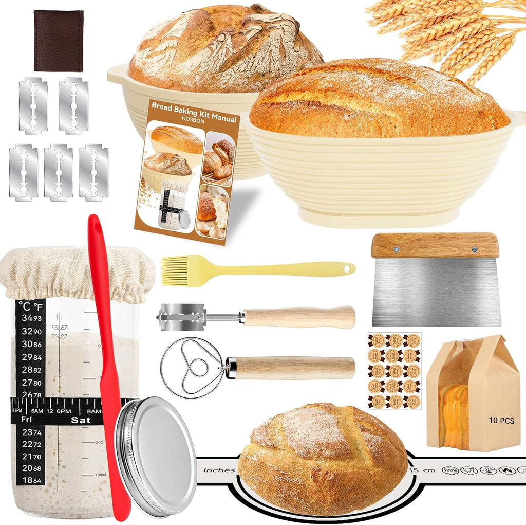 Skiennix Sourdough Starter Kit - 24 PCS Baking Supplies with 34oz Jar & Silicone Banneton (Yellow)