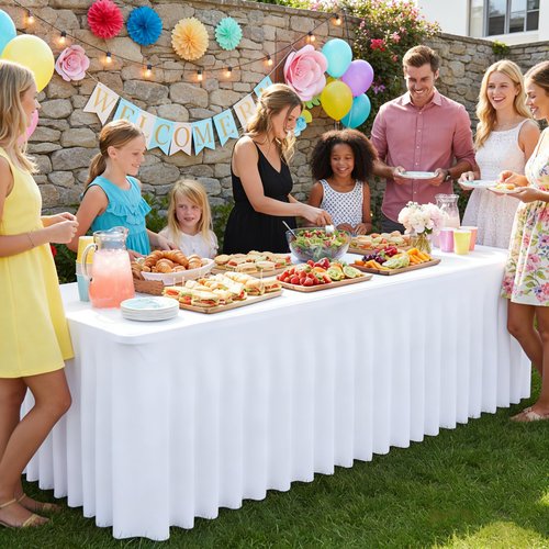 2 Packs White Tableclothes for 8 Foot Rectangle Tables, Wrinkle Resistant Fitted Table Cloth Stretch Spandex Table Covers with Skirt for Event Banquet Wedding Birthday Party