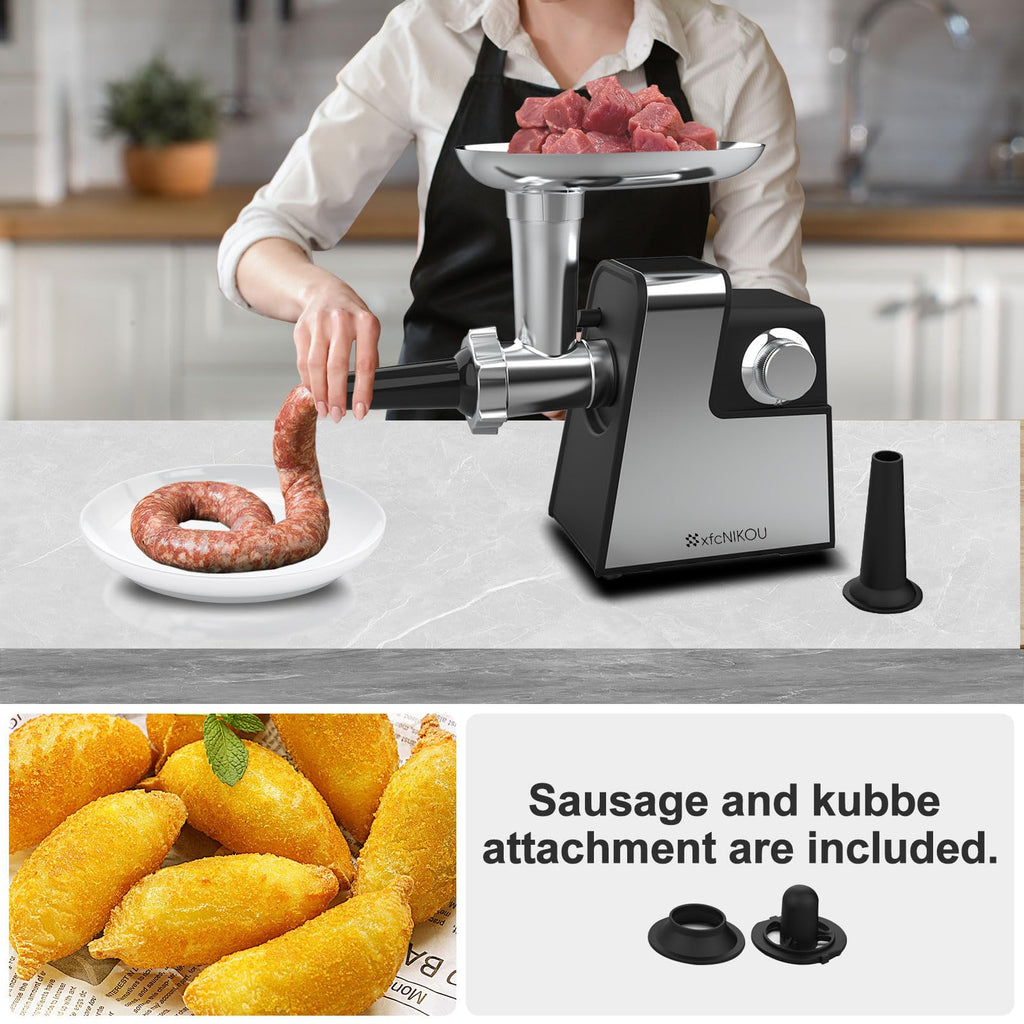 XFCNIKOU Electric Meat Grinder, 2800W Max Sausage Stuffer,Stainless Steel Meat Mincer With 2 Blades, 3 Plates, Sausage Tube And Kubbe Kit For Home Kitchen Use