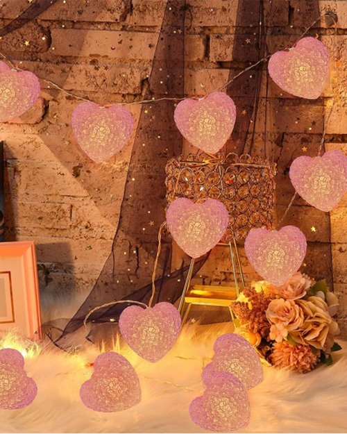 Valentines Day Decor Lights 6.9FT 10 LED Pink Heart String Light Battery Operated, 8 Modes Romantic Heart Twinkle Fairy Lights with Timer, Valentines Decorations Light for Home Party Bedroom Wedding
