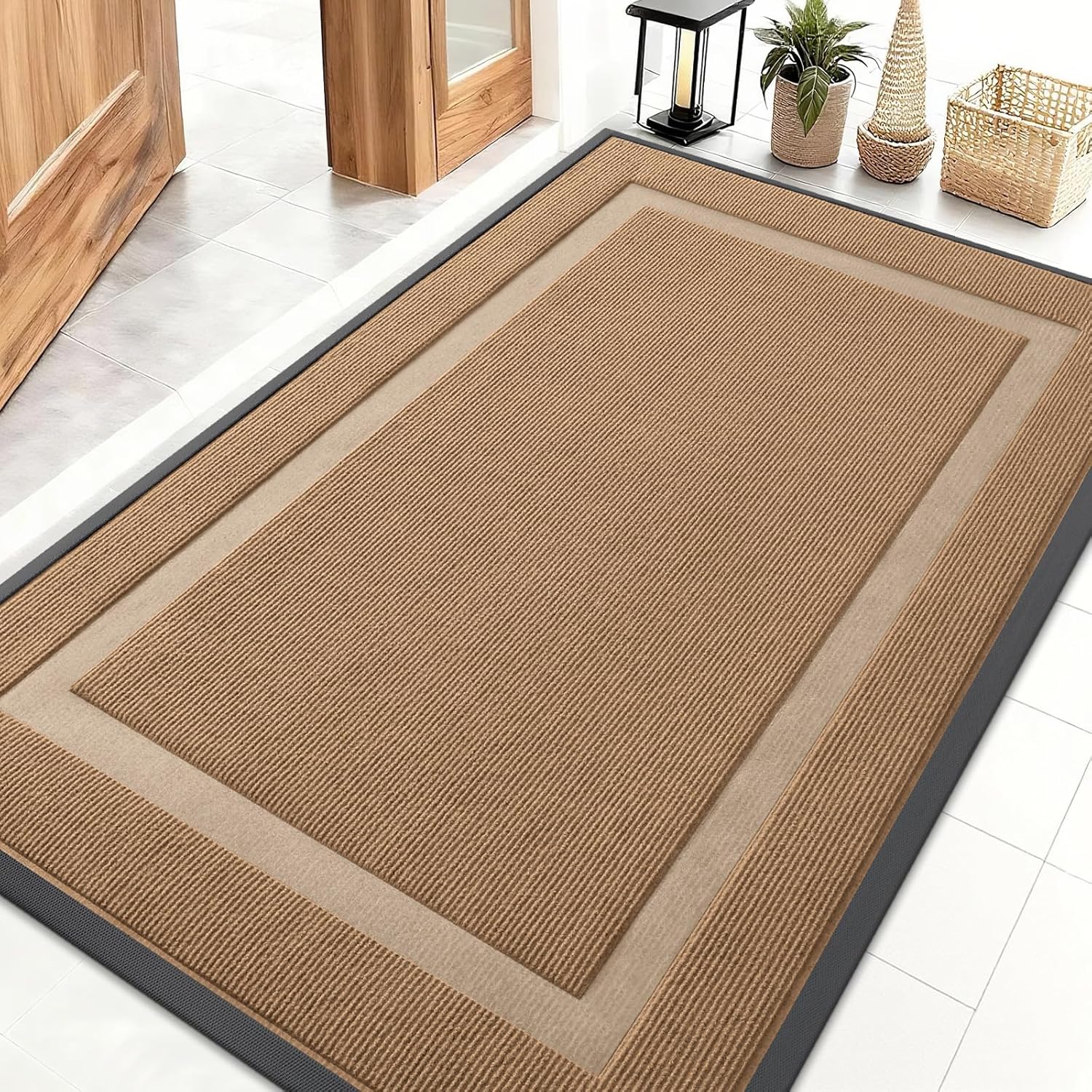 OLANLY Indoor Outdoor Doormat - Waterproof, All-Weather, Easy Clean | 47x32 Light Brown Natural Rubber