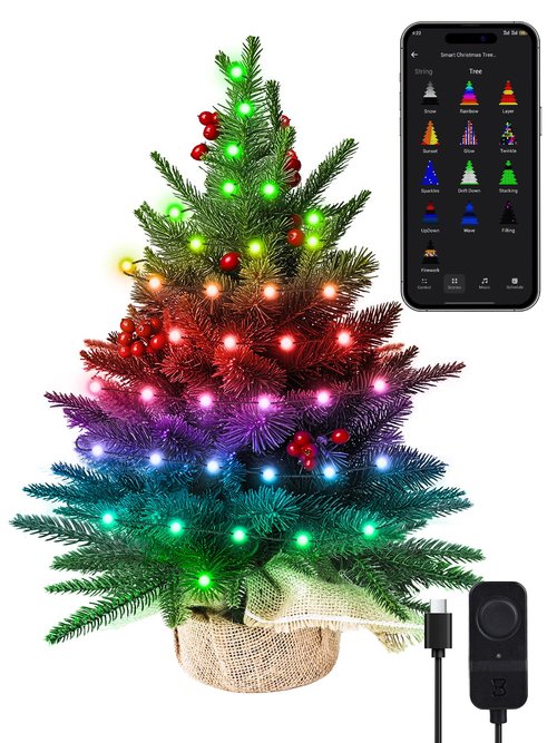 Brizled Smart Mini Christmas Tree, 22.8in DIY Smart-Lit Tabletop Tree with 75 LED RGB Lights, App/Voice Control 159+ Scenes Mini Xmas Tree USB C Music Small Tree Work with PD Power for Fireplace Desk