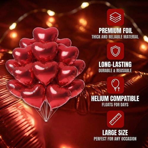 18 Inch Red Heart Balloons, 20 Pcs Heart Shaped Foil Balloons for Valentine‘s Day, Wedding, Birthday - 20 Red Balloons set- Support Helium - Party Decorations