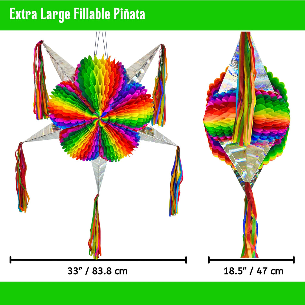 Mexican Pinata – Jumbo 33” Rainbow Piñata with 25-ft Rope Included – Easter Piñata, Pride Pinata, Holds 5 lbs of Candy – TexMex Fun Stuff