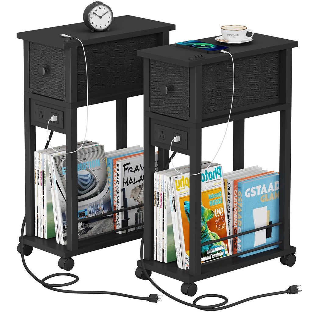 DGSANDGO 2 Pack Black Narrow End Side Table Slim Nightstand with Charging Station (2 USB + 1 AC Outlet), Fabric Drawer & Mute Wheels for Minimalist Small Spaces, Bedroom, Living Room, Office, Couch