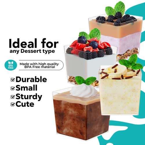 Exquisite Mini Dessert Cups With Spoons 1000 Pcs - 3.6 Oz Square Plastic Dessert Cups Disposable With Tasting Spoons 500 Sets | Mini Parfait Cup | Appetizer Cup For Party