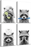 Danseed 4pcs Raccoon Bathroom Canvas Wall Art - Modern Black & White Animal Decor for Washroom