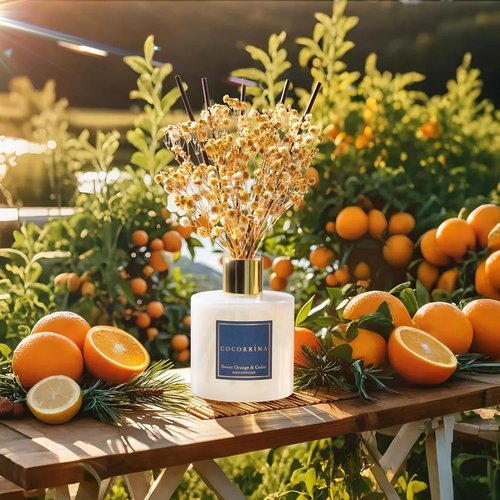 COCORRÍNA Reed Diffuser - Sweet Orange & Cedar | 6.7 Fl. Oz Set with Sticks & Baby's Breath Decor