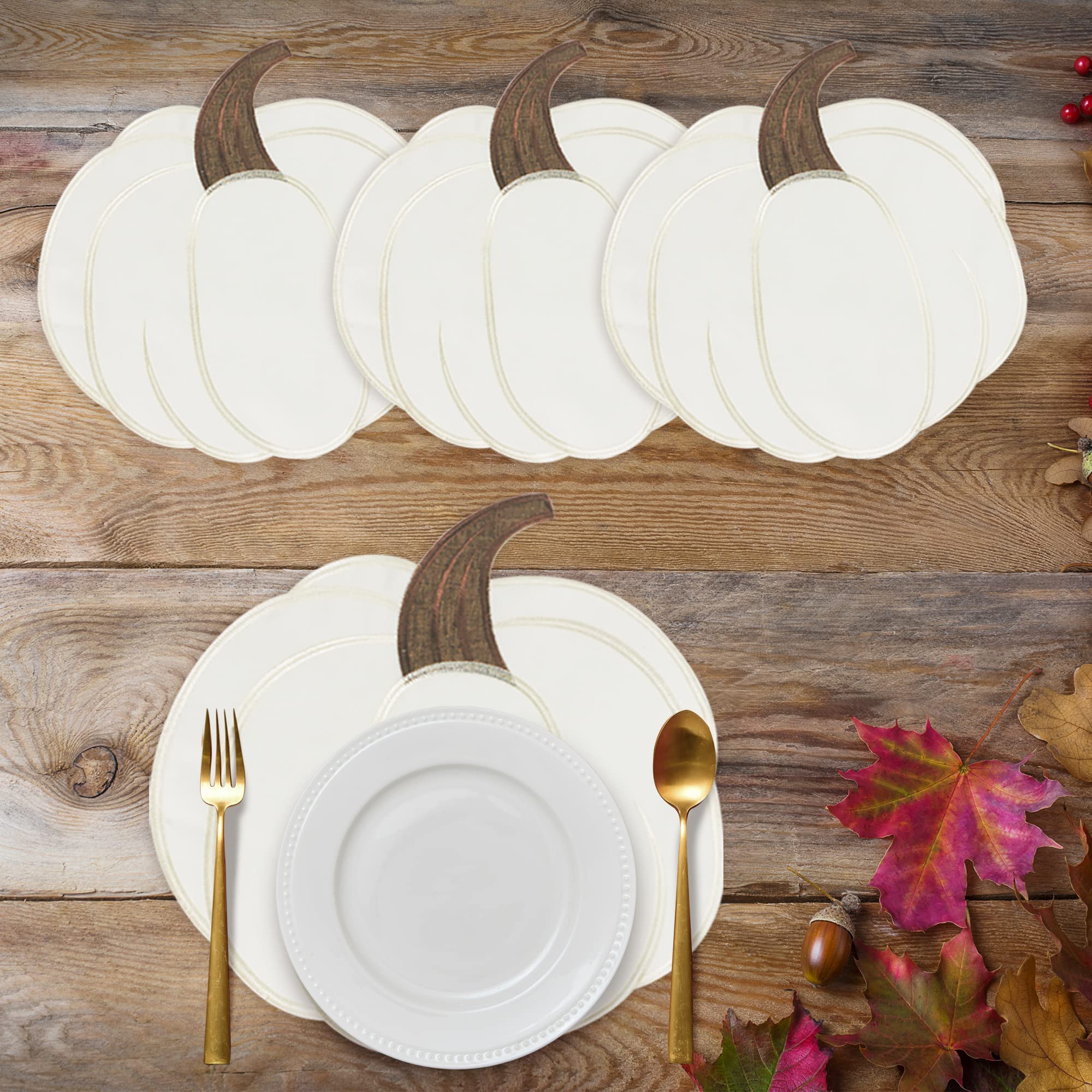 OWENIE Fall Placemats Set of 4, Thanksgiving Round Placemats with Embroidered Pumpkins, Harvest Placemat, Autumn Home Decor, Halloween Table Mats for Kitchen Dinning Table, Ivory, 15 Inch