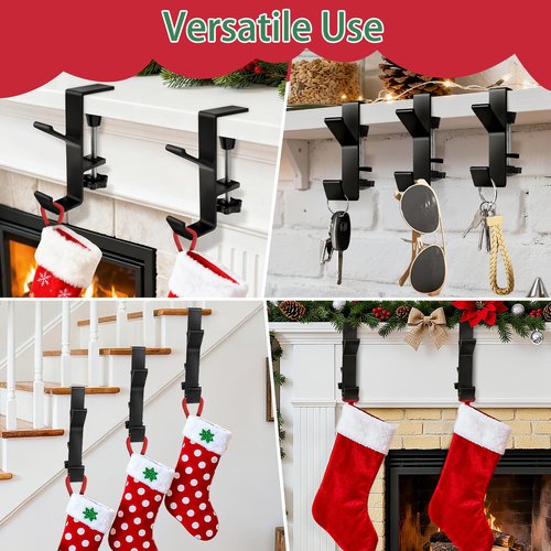 Auzky 4 Pack Stocking Holders for Mantle, Mantle Garland Hangers, Fireplace Stocking and Garland Hanger, No Drilling Required, Adjustable, Metal, Black