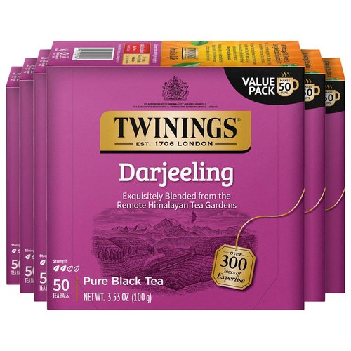 Twinings Darjeeling Black Tea Individually Wrapped Bags, 50 Count (Pack of 6), Delicate Light Taste, Caffeinated, Enjoy Hot or Iced, 300 Teabags