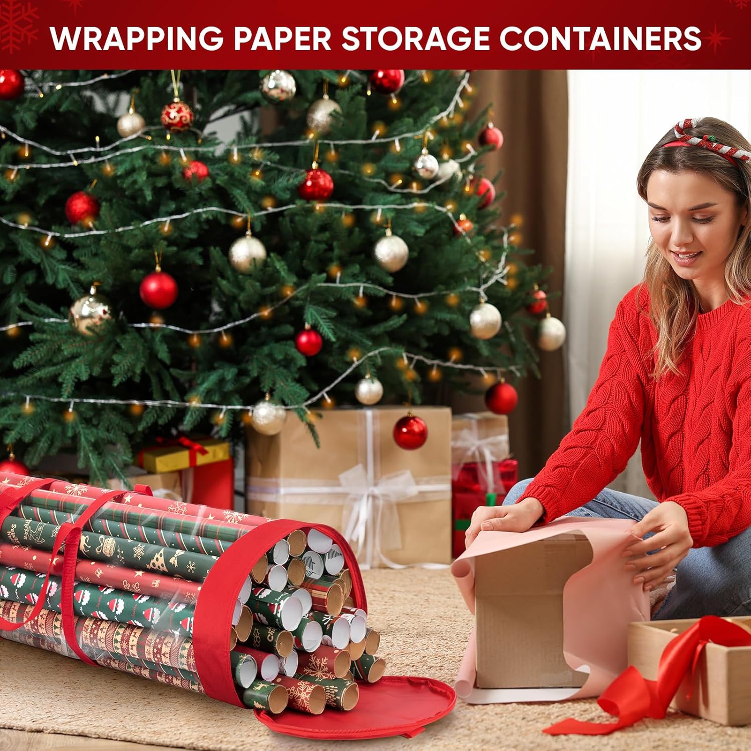 BALEINE Gift Wrapping Paper Organizer - Clear PVC & Durable 600D Oxford Fabric | Holds 18-25 Rolls, Black