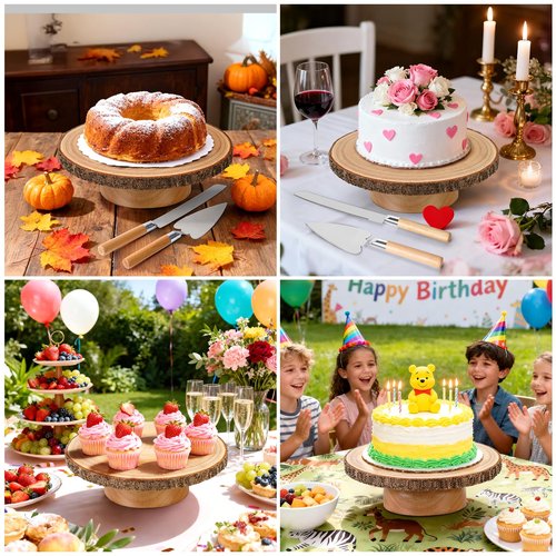 Cake Turntable 12" Wooden Cake Stand with Cake Cutting Set Rustic Cake Stand for Wedding/Party/Baby Baptism/Reception Event/Rotating Cake Display Stand