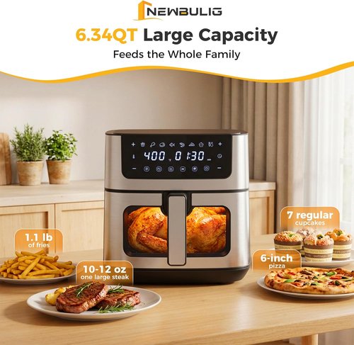 NEWBULIG Air Fryer - 6.34QT with Visible Window & Fast Heating | 8-in-1 Cooking Presets, Black Stainless Steel