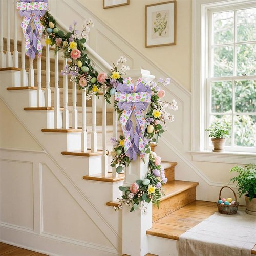 Estivaux Large Easter Wreath Bow - Purple & White Burlap Spring Floral Decor for Doors & Windows