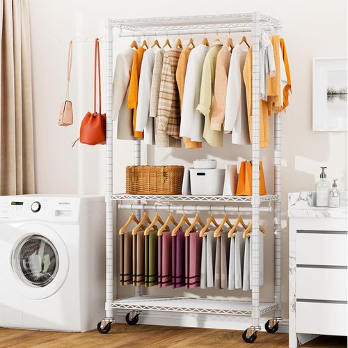 HYSEYY Heavy Duty Portable Closet - Adjustable Garment Rack with 4 Rods & Shelves | 73.6" L x 17.3" W x 76.4" H (White)