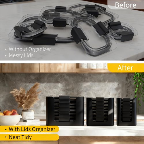 Food Container Lid Organizer for Rubbermaid Brilliances nap-on lids, Lid Organizer for Kitchen Cabinet Storage (3-Piece) - Holds 24 Lids for 4.7 Cup, 3.2 Cup, 1.3 Cup & 0.5 Cup Containers (Black)