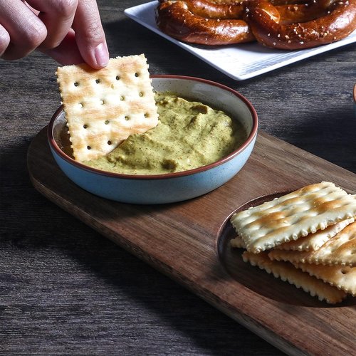 Artena 6oz Turquoise Ceramic Chips and Dip Platter - Acacia Wooden Tray & Small Bowls Set