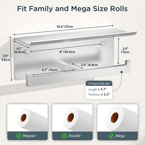 FORIOUS Double Toilet Paper Holder with Shelf, 304 Stainless Steel Wall Mount Commercial Toilet Paper Dispenser, Bathroom Tissue Roll Holder with Storage for Phone, Book, Essentials, Brushed Nickel