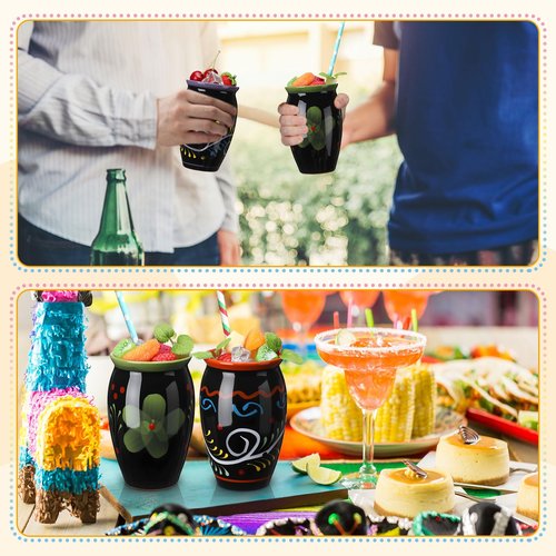 Gejoy 12 Pack 12oz Cantaritos de Barro Mexicanos Mexican Clay Cup Pottery Fiesta De Barro Mexicanos Cocktail Cups Coffee Mugs Cocktail Tea Glasses for Margaritas Mojitos (Dark,Black)