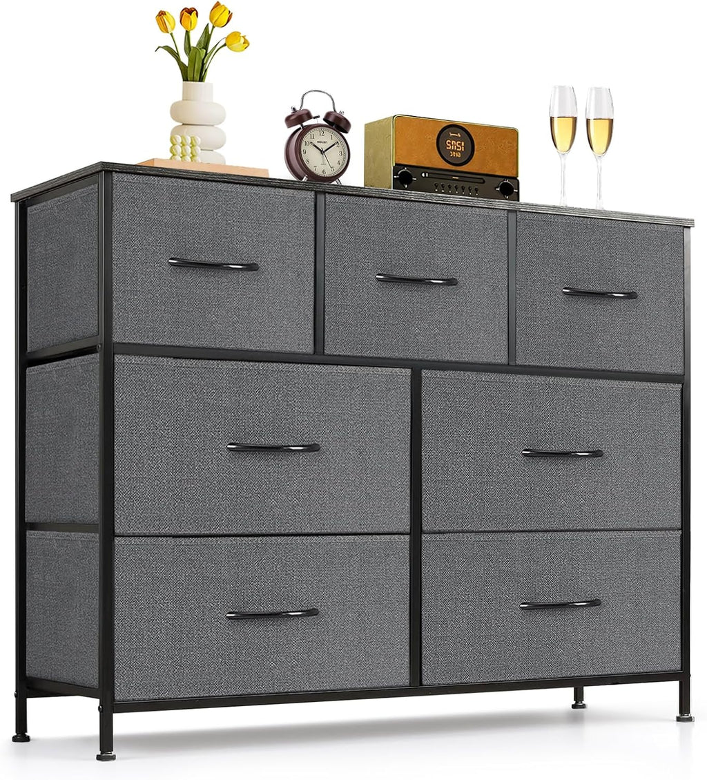Skiennix 7-Drawer Dresser - Anti-Tip Wide Storage Organizer with Wooden Top | Gray Fabric Chest for Bedroom, Living Room, Hallway