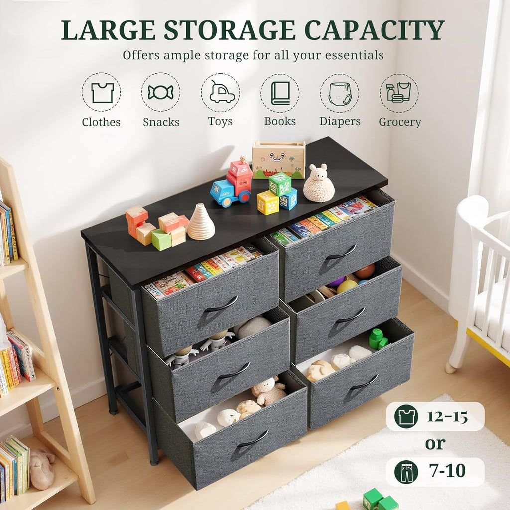 Skiennix 6-Drawer Dresser - Stylish Anti-Tip Storage Organizer with Wooden Top & Metal Frame | Gray