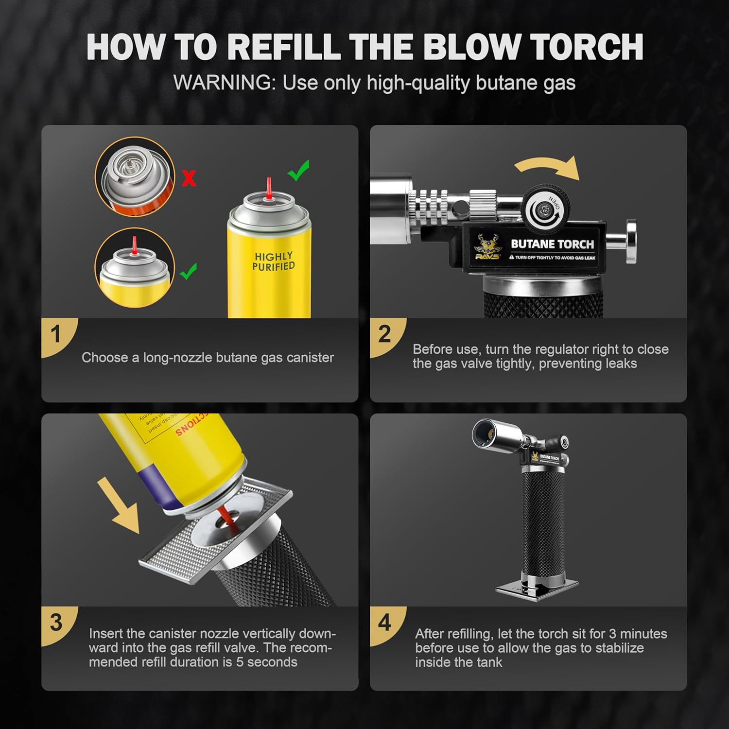 RAVS Butane Torch Lighter - Premium Metal Kitchen Torch with Adjustable Flame & Safety Buckle | Black