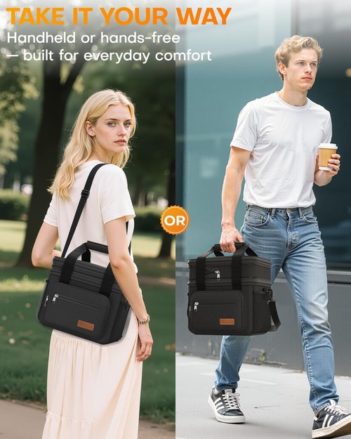 HOTOR Lunch Box for Men & Women - Double-Layer Insulated Lunch Bag with Leakproof Liner, Portable Cooler for Work, Travel, or Picnic, Black, 13.4" x 11.8" x 10.6"