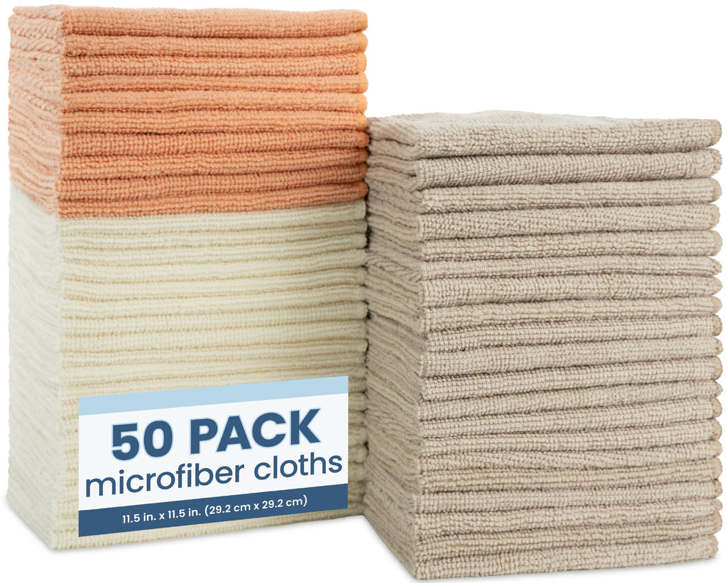 S&T INC. 50 Pack Microfiber Cleaning Cloth, Bulk Towels for Home, Reusable Microfiber Towels for Cars, Cleaning Rags, Neutral Coral, 11.5 Inches x 11.5 Inches, 50 Count
