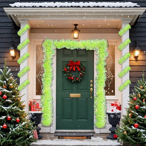 DIYDEC 26.2FT Christmas Tinsel Garland Shiny Iridescent Green Garland Christmas Glitter Foil Metallic Twist Hanging Green Garlands for Xmas Tree Fireplace Home Party Decoration