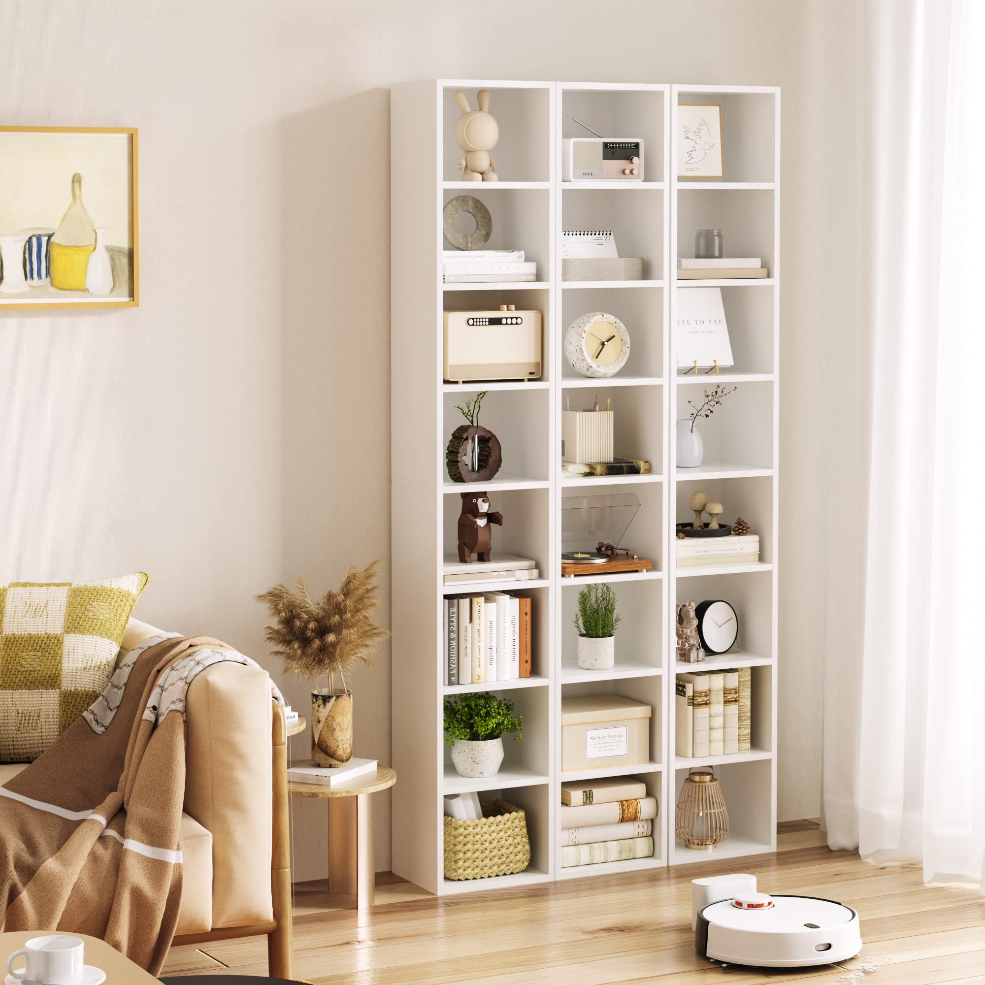 FOTOSOK White Bookshelf 8-Tier Narrow Bookshelf, 11.6 X 9.3 X 70.9 Tall CD DVD Media Tower Rack with 4 Adjustable Shelves, Tall Narrow Bookcase Slim Display Bookshelf with Cube Storage for Home Office