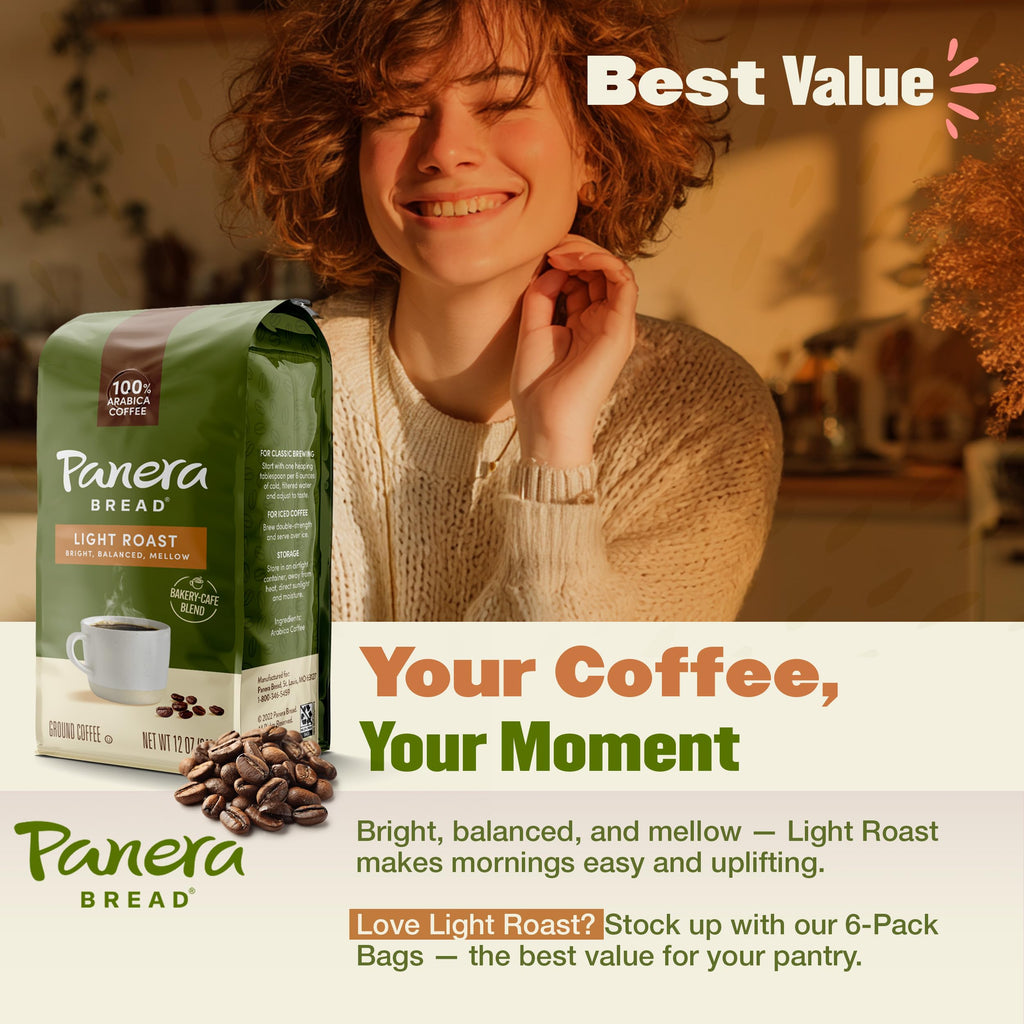 Panera Light Roast Ground Coffee, 100% Arabica, Sustainably Sourced – Smooth, Bright & Balanced Flavor – Clean Label, No Artificial Ingredients – Kosher, Gluten-Free 12oz Bag Pack of 6 (72oz Total)