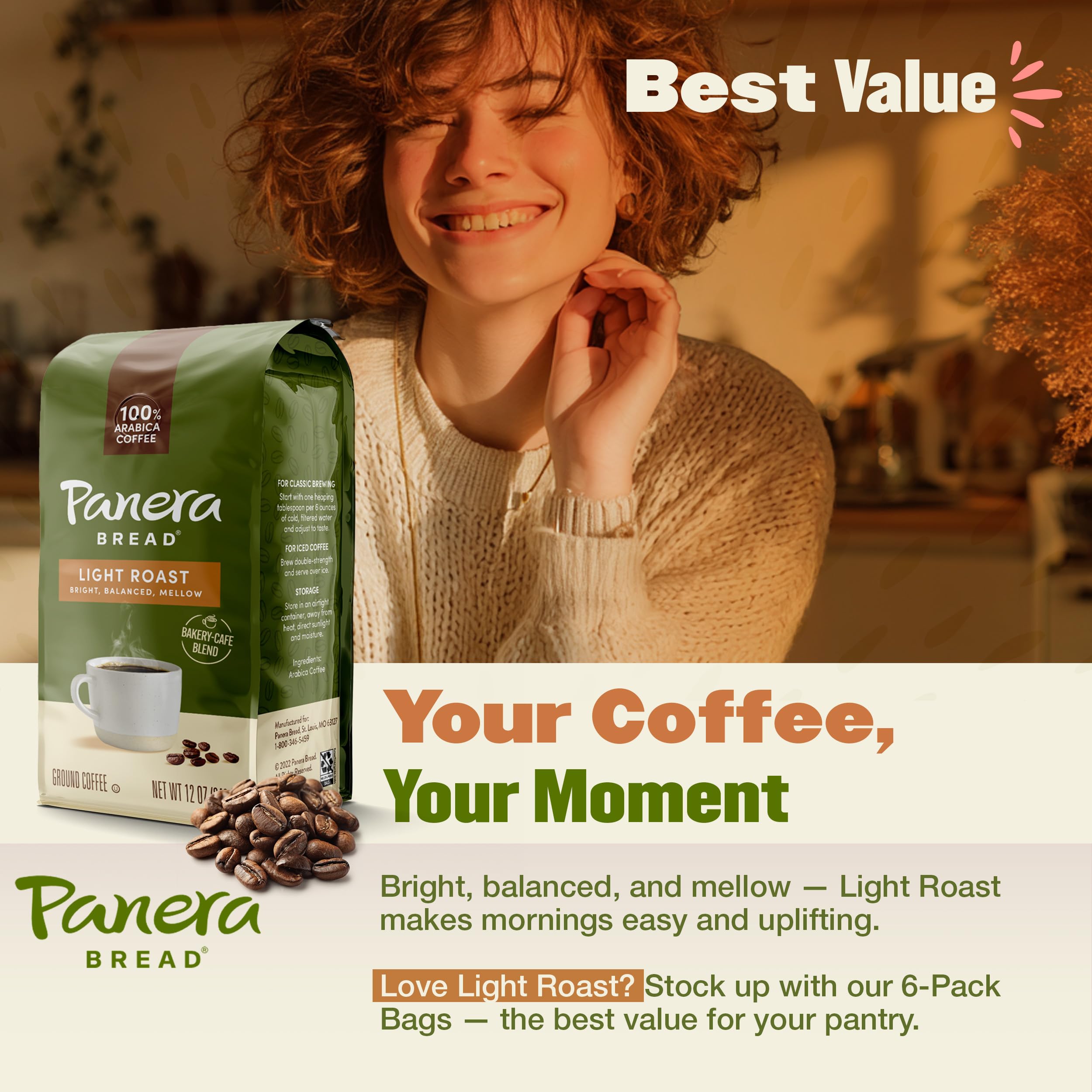 Panera Light Roast Ground Coffee, 100% Arabica, Sustainably Sourced – Smooth, Bright & Balanced Flavor – Clean Label, No Artificial Ingredients – Kosher, Gluten-Free 12oz Bag Pack of 6 (72oz Total)
