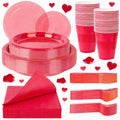 WELLIFE 210 PCS Clear and Red Plastic Plates for 30 Guests - Disposable Dinnerware Set Including Dinner Plates, Dessert Plates, 12oz Cups, Cutlery & Napkins, Red Party Plates for Valentines