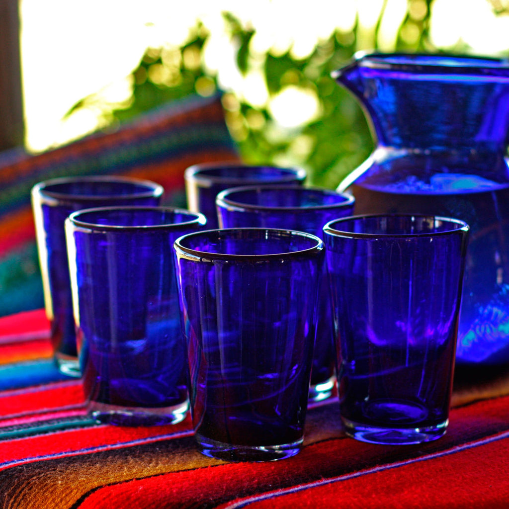 NOVICA Handmade Drinking Glasses Handblown Recycled Blue Tumbler Drinkware Set of 6 from Mexico 'Cobalt Angles'