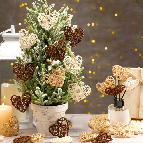 Vercraft 24 Pcs Neutral Valentine's Day Heart Rattan Ornaments 2.75 Inch Valentine Wicker Rattan Heart DIY Farmhouse Vase Bowl Fillers for Valentines Wedding Xmas Tree Ornament Baby Shower Party Decor