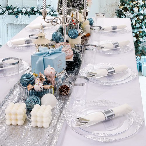 Morejoy 350PCS Clear Silver Plastic Plates - Silver Disposable Plates sets Include 50 Dinner Plates,50 Salad Plates,50 Forks,50 Knives, 50 Spoons，50 Cups, 50 Rolled Napkins for Wedding & Christmas
