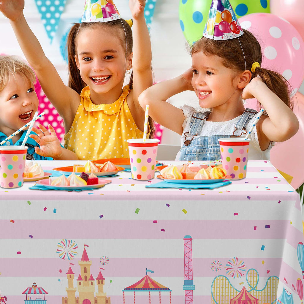 GZBJMYGS Pink Circus Theme Party Tablecloth Carnival Carousel Table Cover Supply for Baby Shower Girl Princess Birthday Party Popcorn Day Dining Holiday Picnic Booth Prop Decoration, 53" x 98"