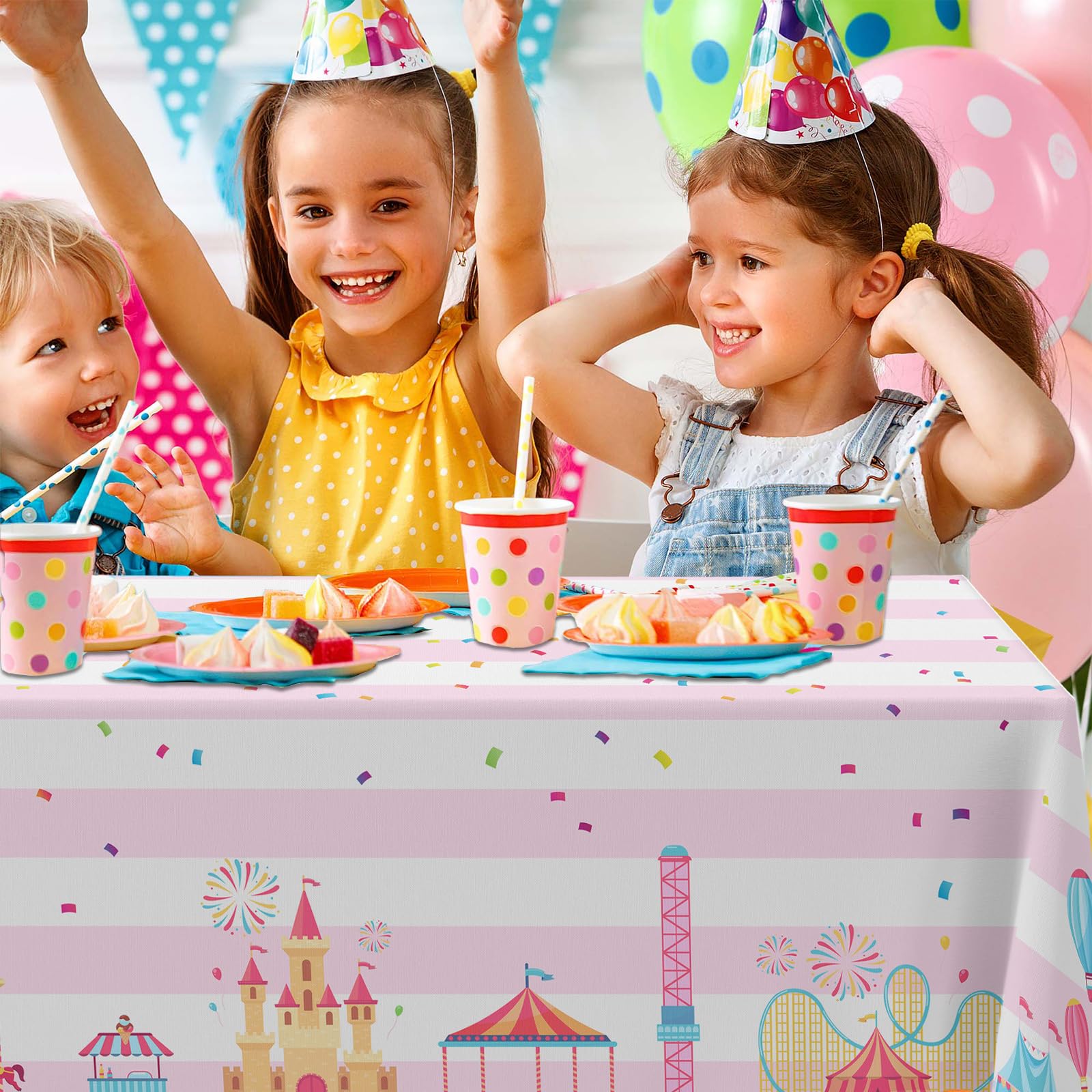 GZBJMYGS Pink Circus Theme Party Tablecloth Carnival Carousel Table Cover Supply for Baby Shower Girl Princess Birthday Party Popcorn Day Dining Holiday Picnic Booth Prop Decoration, 53" x 98"