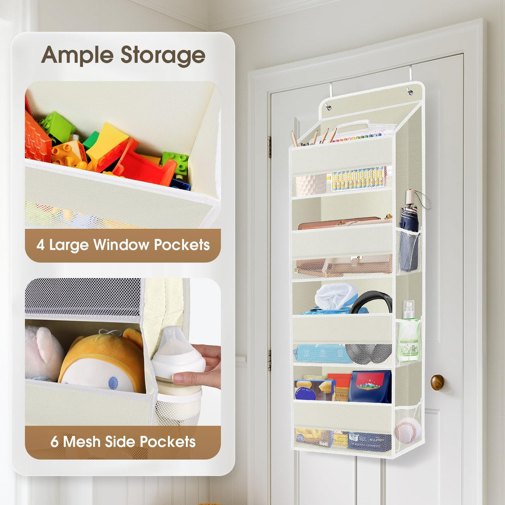 SpaceHacks 1 Pack Over The Door Organizer, Hanging Storage Organizer with Clear Window, 40lb Ultra Sturdy Large Capacity Room Organizer for Pantry Bathroom Nursery Closet Baby Essential (Beige)