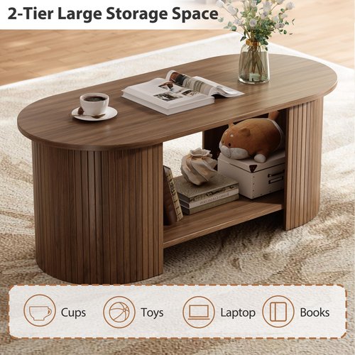 OneBlis Oval Fluted Coffee Table, 2-Tier Center Table with Large Storage, Mid-Century Modern Wood Coffees Table for Living Room, Home Office, Small Space, Walnut
