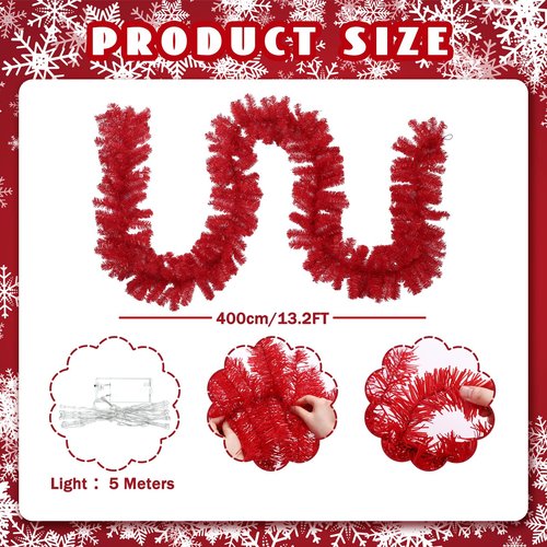 Jutom 13.2 ft Valentine's Garlands with 16.4 ft LED Lights Artificial Garland Romantic Pine Valentine Garland Decoration for Stairs Fireplace Mantel Front Door Porch Holiday Party(Red)