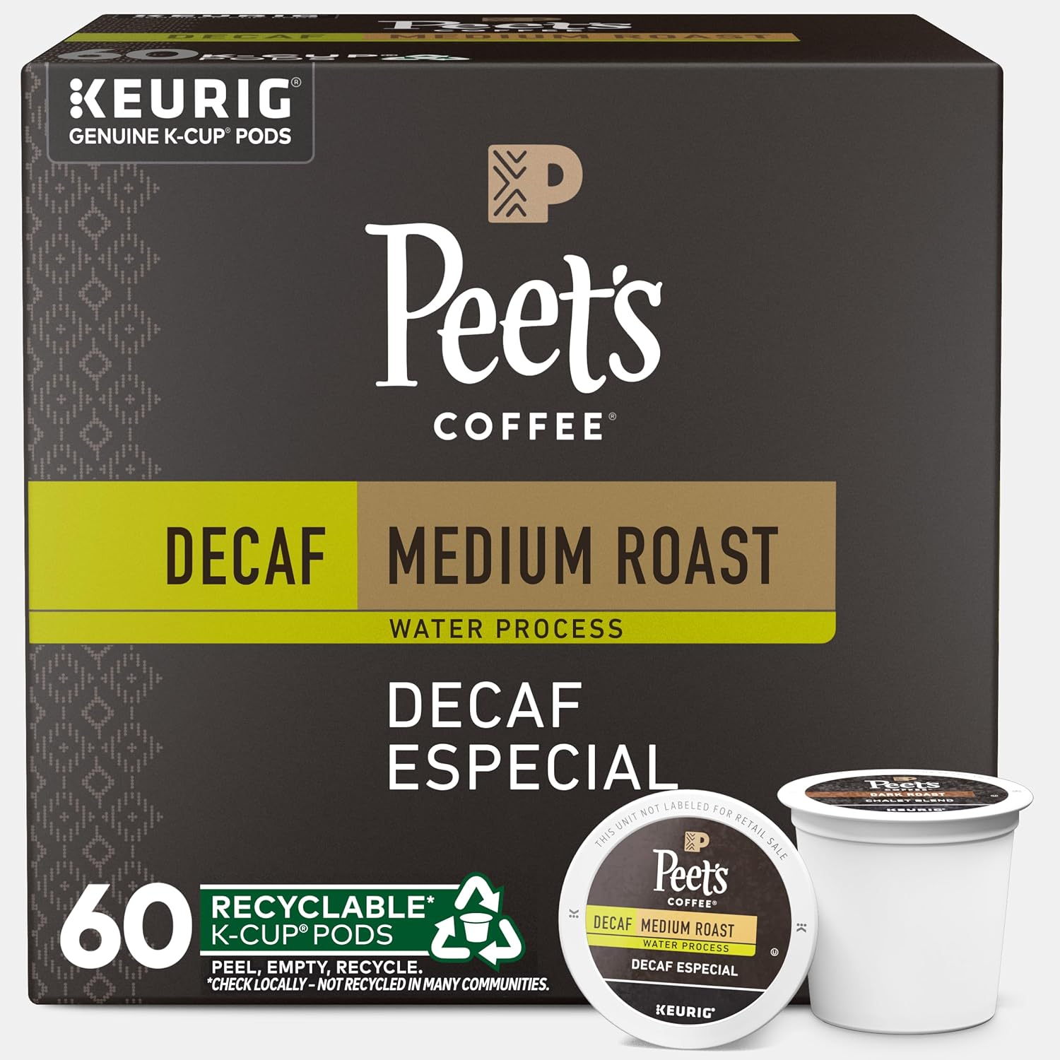Peet's Coffee Medium Roast Decaf K-Cup Pods - Decaffeinated Arabica Coffee, 60 Count (6 Boxes of 10 Pods)