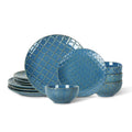 Sureasy 12-Piece Ceramic Dinnerware Set for 4 - Embossed Plates and Bowls Sets, Scratch Resistant Dish Set, Microwave, Oven & Dishwasher Safe, Blue