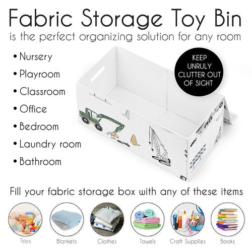Sweet Jojo Designs Construction Truck Boy Small Fabric Toy Bin Storage Box Chest For Baby Nursery or Kids Room - Grey Yellow Black Blue and Green Transportation