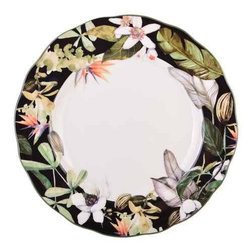 222 Fifth 12-Piece Porcelain Dinnerware Set for 4, Black & White Plates and Bowls Set with Tropical Floral Design, Glossy Ceramic Dish Set, Kitchen Tableware, Microwave & Dishwasher Safe, Borneo