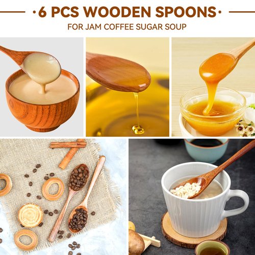 6 Pcs Wooden Spoons, 9 Inch Wood Soup Spoons for Cooking Mixing Eating,Oval Long Handle Spoon for Tea Jam Coffee Sugar Ice Cream and Bath Salts