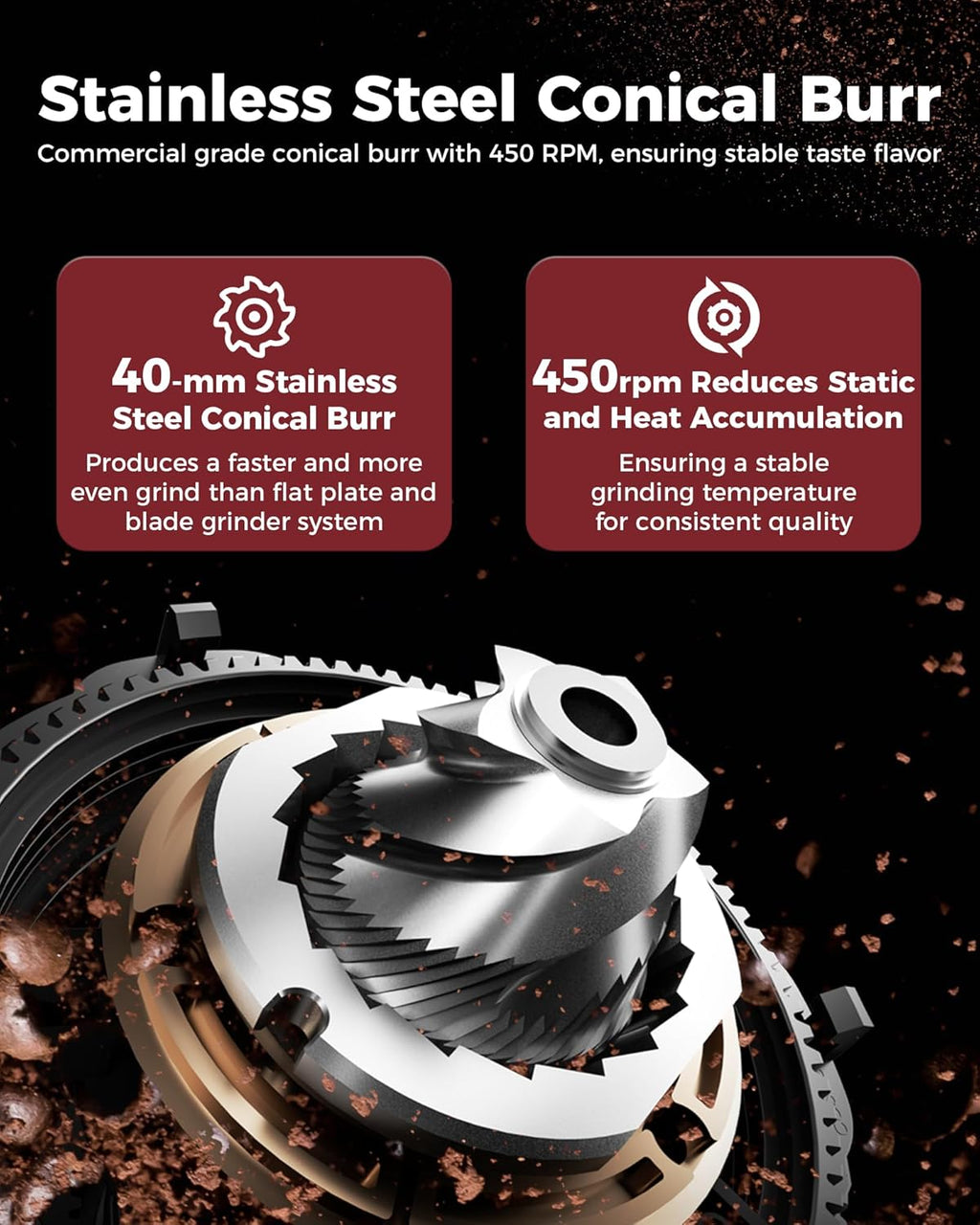 Tuni G1 Conical Burr Coffee Grinder - 48 Grind Settings & Precision Timer | Stainless Steel, Silver
