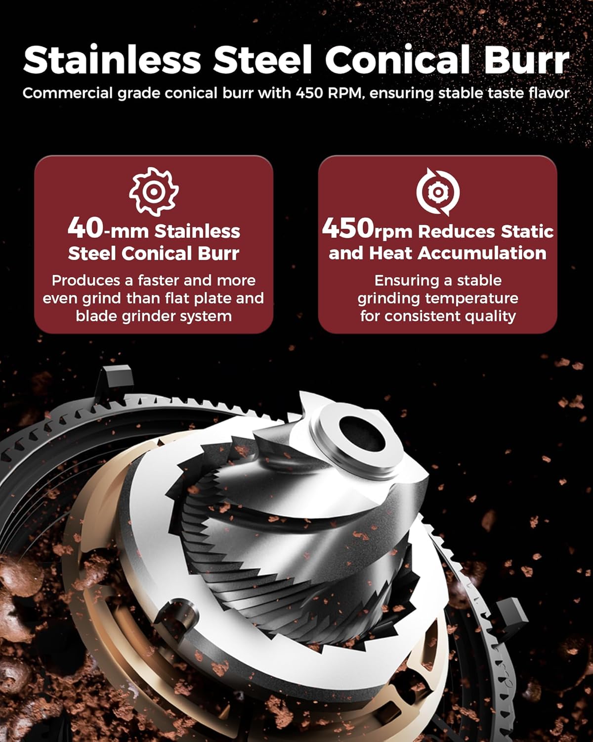 Tuni G1 Conical Burr Coffee Grinder - 48 Grind Settings & Precision Timer | Stainless Steel, Silver